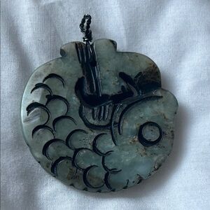 Carved Jade Koi Fish Round Medallion Shape Pendant. Vintage. Unisex.